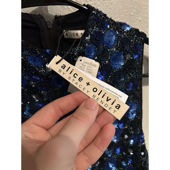 Alice + Olivia Stacey Bendet Sequin Dress Cobalt Blue Black Midi Sheath Size 2 - Picture 4 of 9